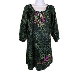 Krista Lee Tunic Womens XL Green Animal Print Embroidered Sequins Vacation